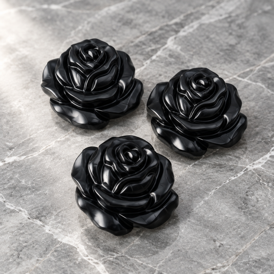 AI Commercial Studio Shot: Matte Black Obsidian Carved Rose Flower