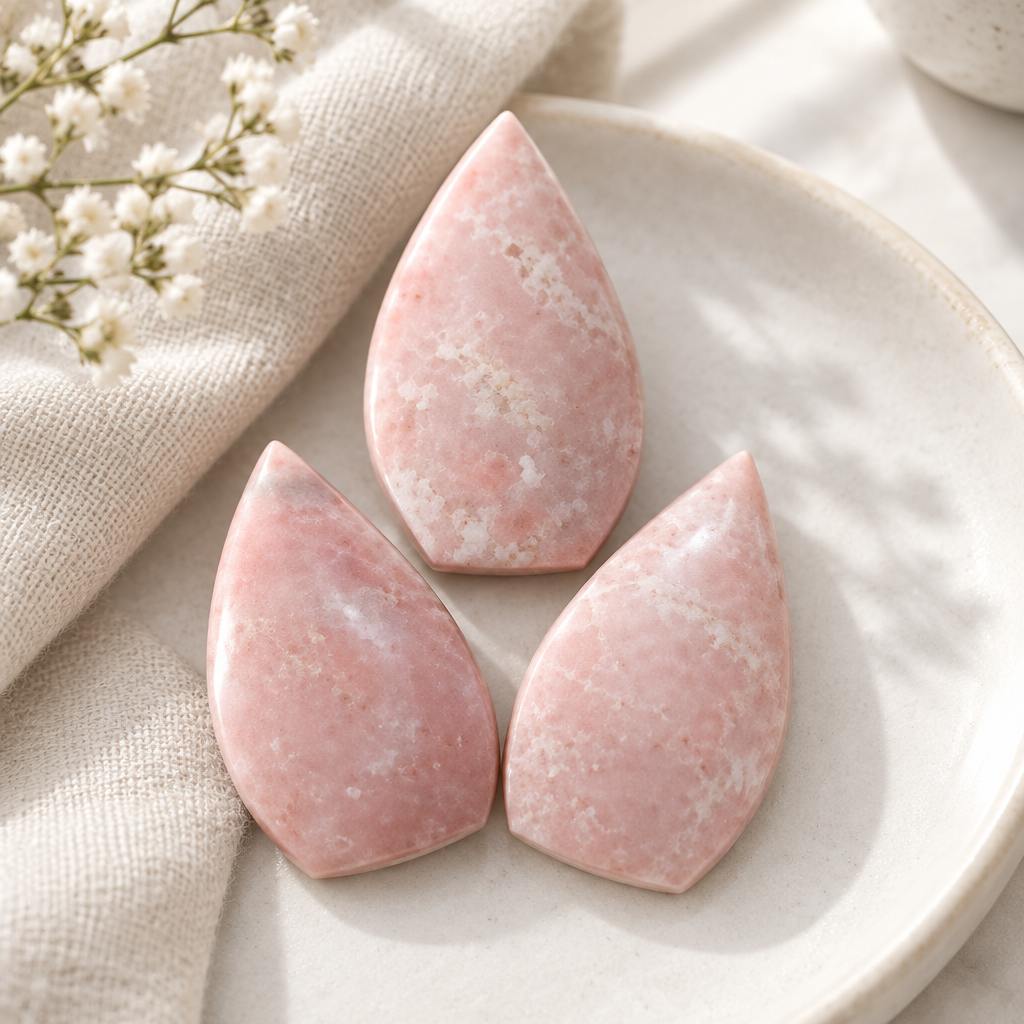 AI Commercial Studio Shot: Natural Pink Opal Teardrop Carving Pocket Stone