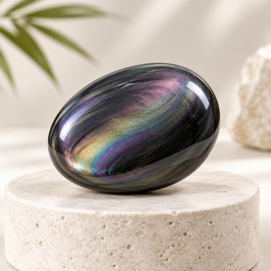 AI Commercial Studio Shot: Natural Rainbow Obsidian Tumbled Palm Stone