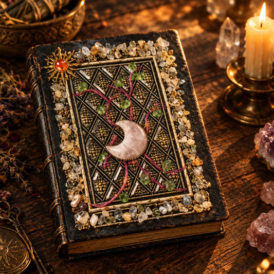 AI Commercial Studio Shot: Vintage Crystal Grimoire Spellbook Journal