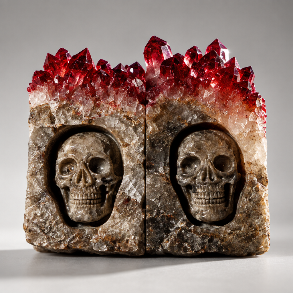 AI Commercial Studio Shot: Wine Red Color-Enhanced Quartz Cluster Skull Carving