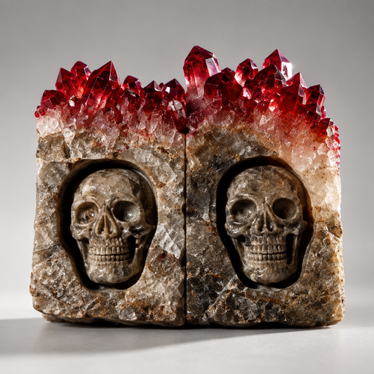 AI Commercial Studio Shot: Wine Red Color-Enhanced Quartz Cluster Skull Carving