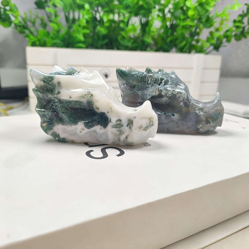 Natural Moss Agate  Dragon Head Carving for Christmas Decorations And Halloween Gifts