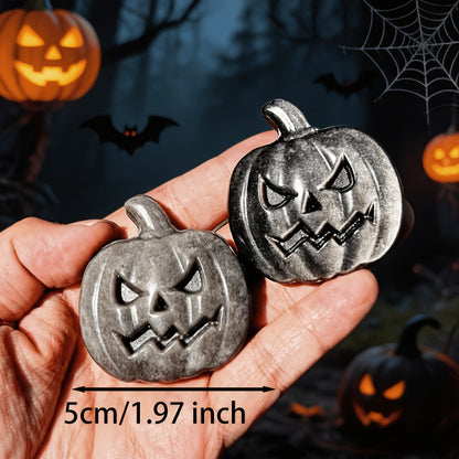 Hand-Carved Natural Obsidian Pumpkin Head Figurine for Halloween