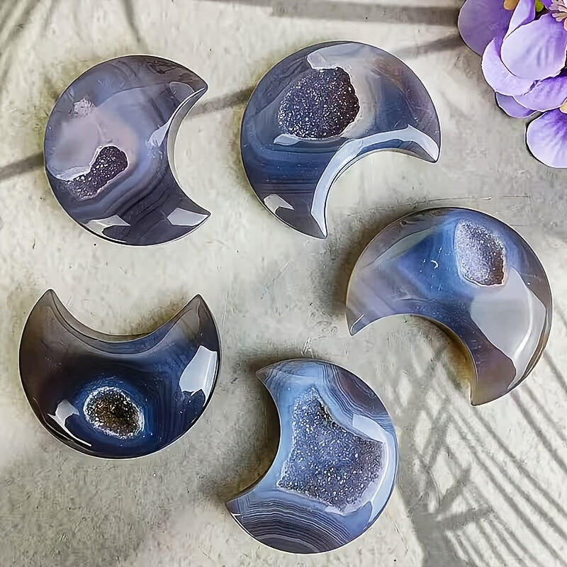 Agate Druzy Geode Moon-Shaped Stone  for Gifts