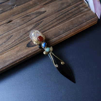Natural Amethyst And Obsidian Magic Dagger Carving