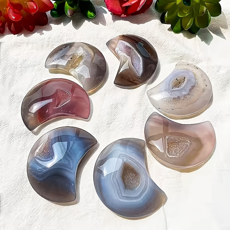 Agate Druzy Geode Moon-Shaped Stone  for Gifts