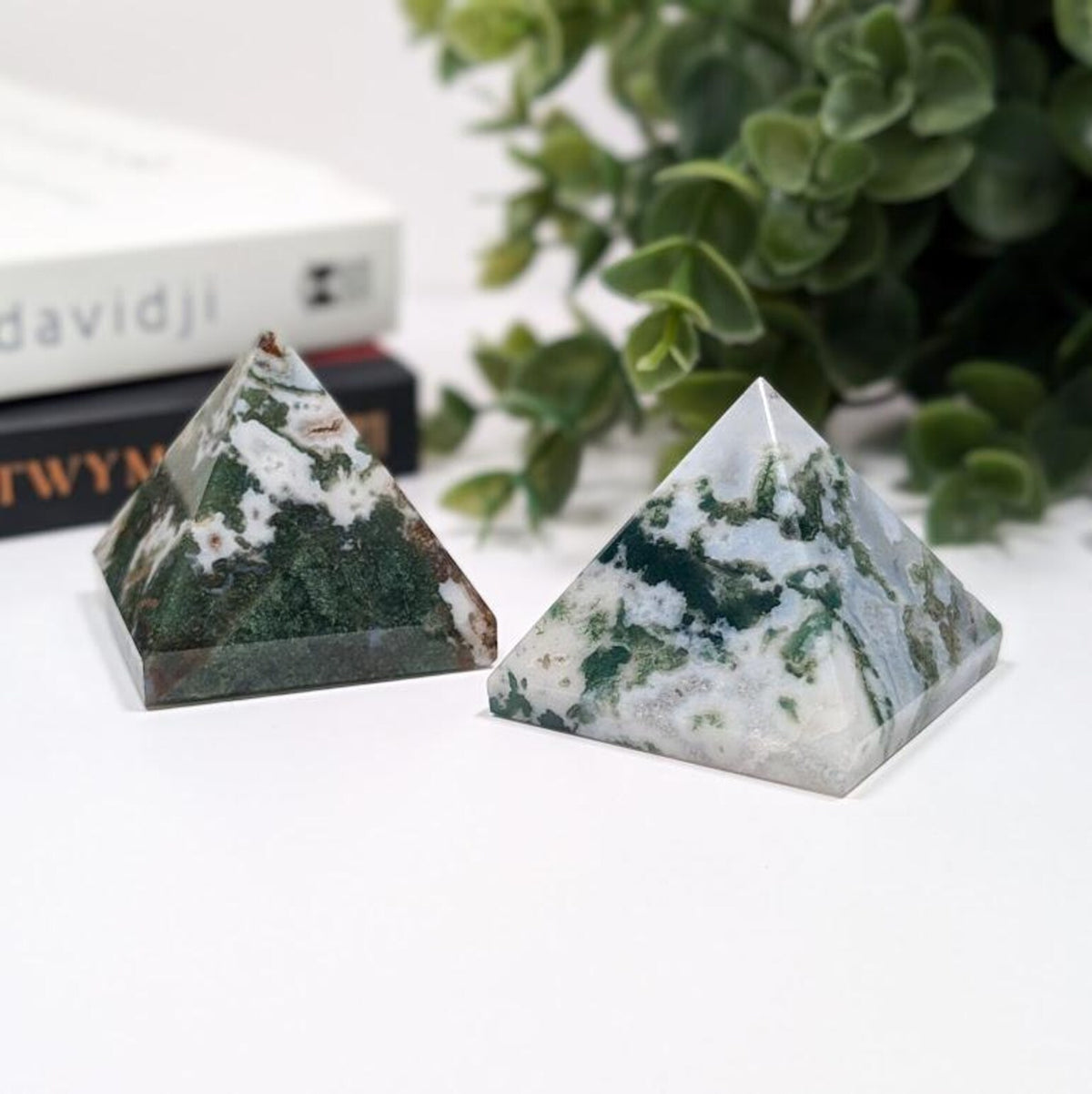 Natural Moss Agate Pyramid for Crystal Grids and Decor