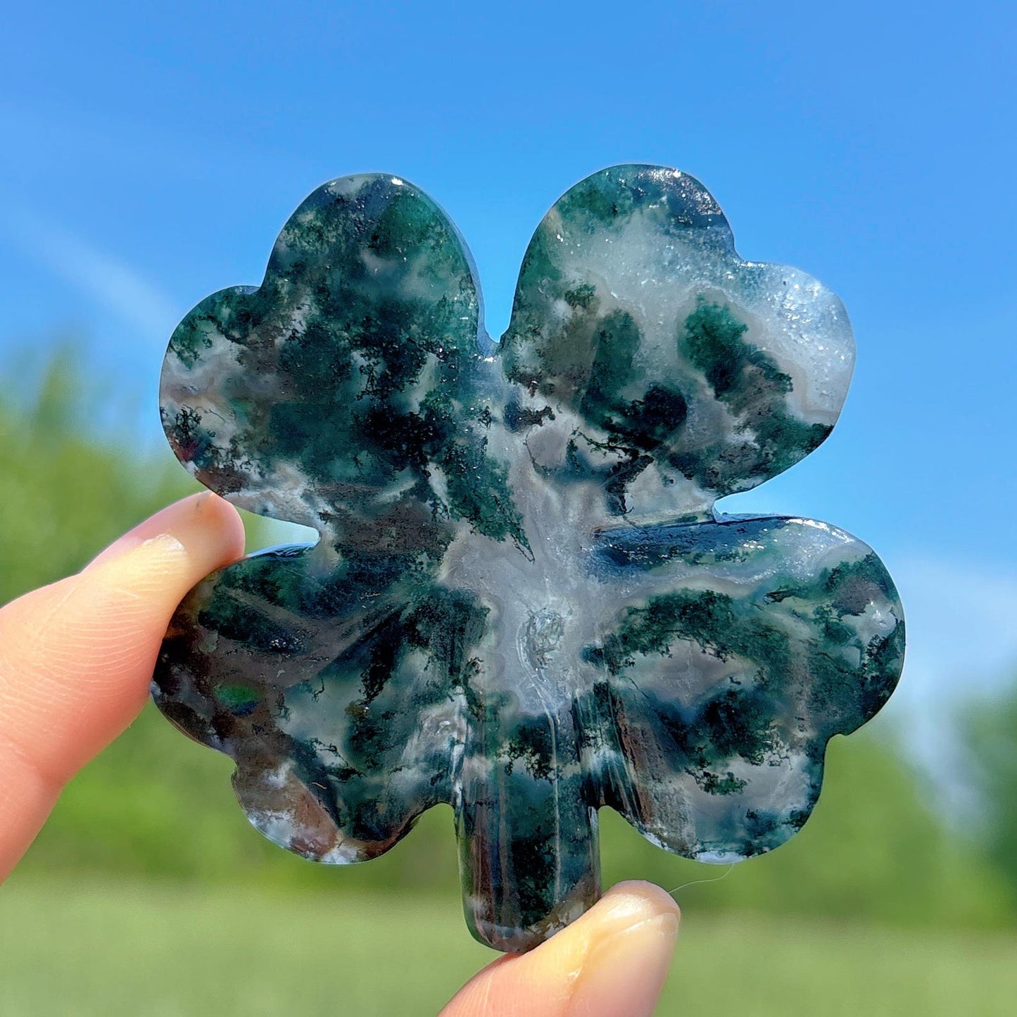 Natural Moss Agate Four Leaf Clover Carving