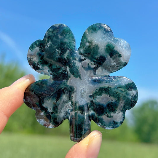 Natural Moss Agate Four Leaf Clover Carving