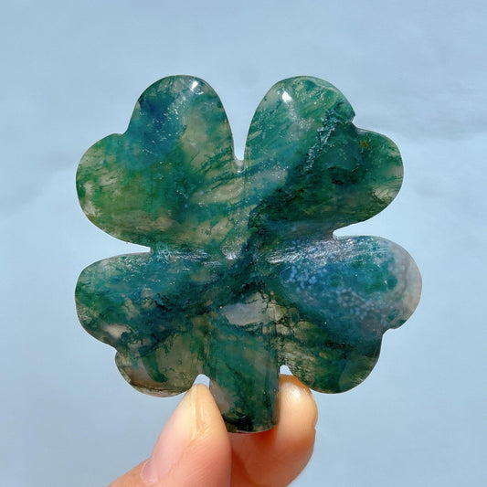 Natural Moss Agate Four Leaf Clover Carving - CrystalHola