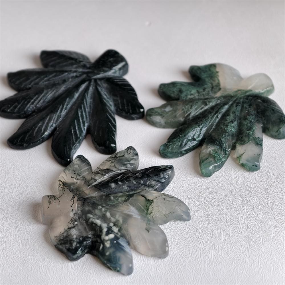 Moss Agate Maple Leaf Carving for Nature Lovers and Crystal Gifts