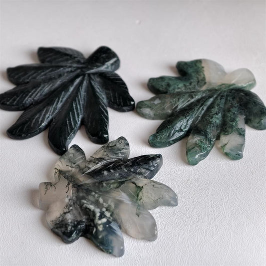 Moss Agate Maple Leaf Carving for Nature Lovers and Crystal Gifts