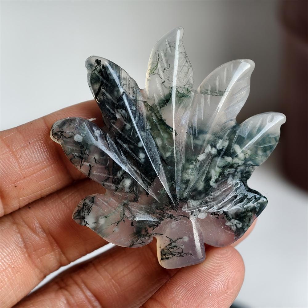 Moss Agate Maple Leaf Carving for Nature Lovers and Crystal Gifts