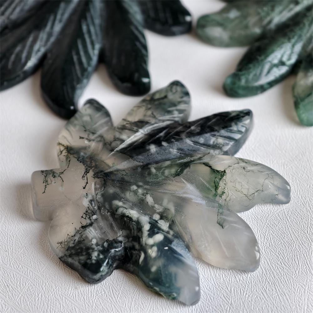 Moss Agate Maple Leaf Carving for Nature Lovers and Crystal Gifts