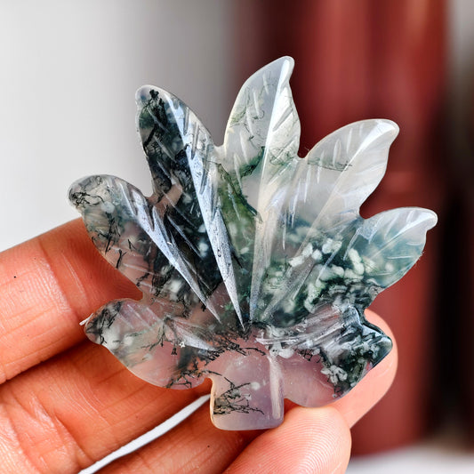Moss Agate Maple Leaf Carving for Nature Lovers and Crystal Gifts