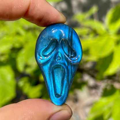 Labradorite Ghost Face Carving for Halloween Pendant and Decor
