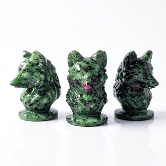 Natural Ruby Zoisite Wolf Head Carvings on pure white background