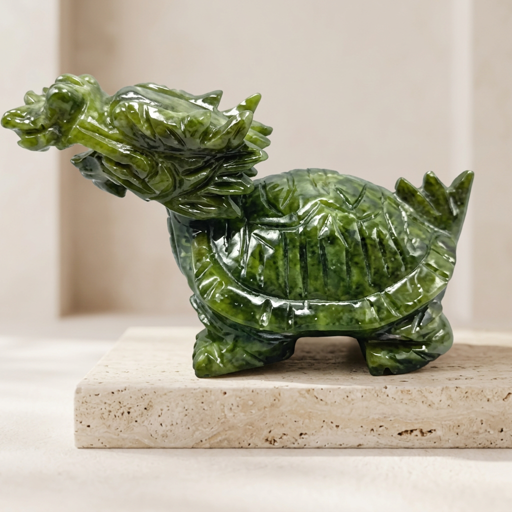 Natural Xiuyan Jade Dragon Turtle Carving for Feng Shui and Wealth
