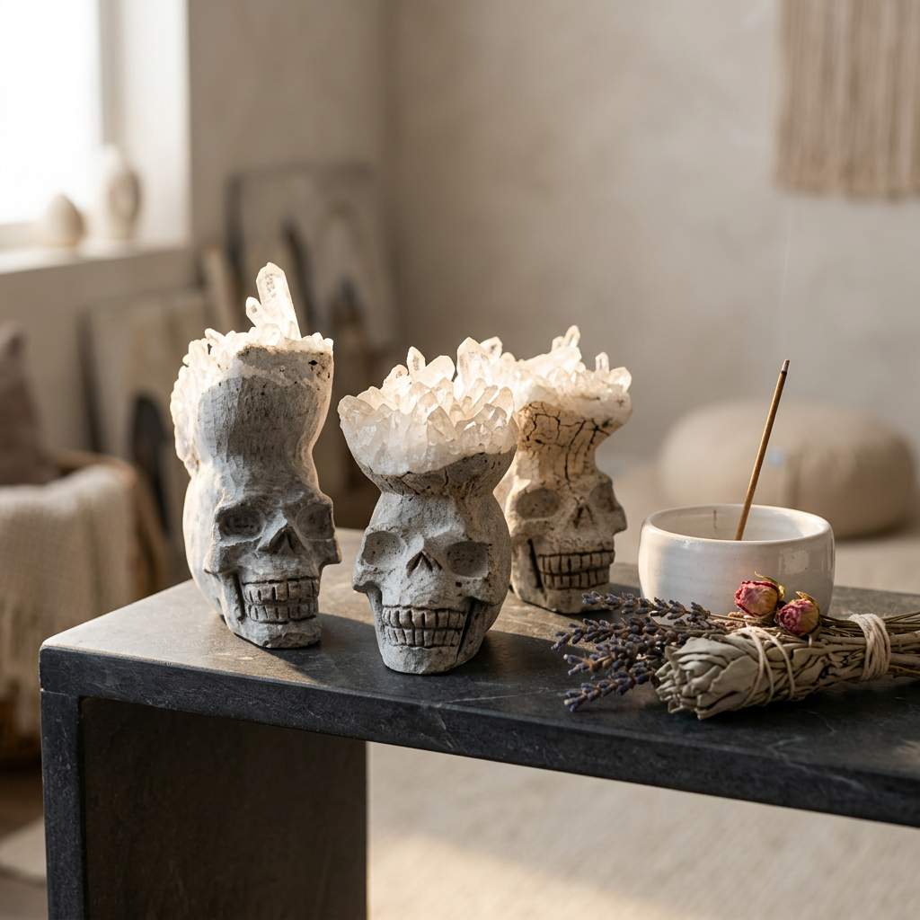 Natural Quartz Crystal Cluster Hand-Carved Skull for Altar and Decor