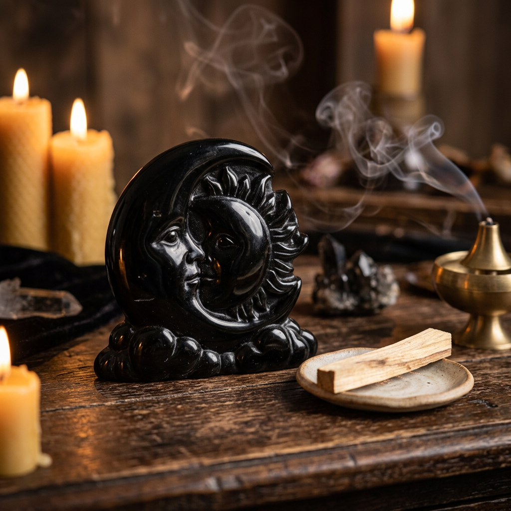 Black Obsidian Sun and Moon Celestial Carved Plaque for Altar Display