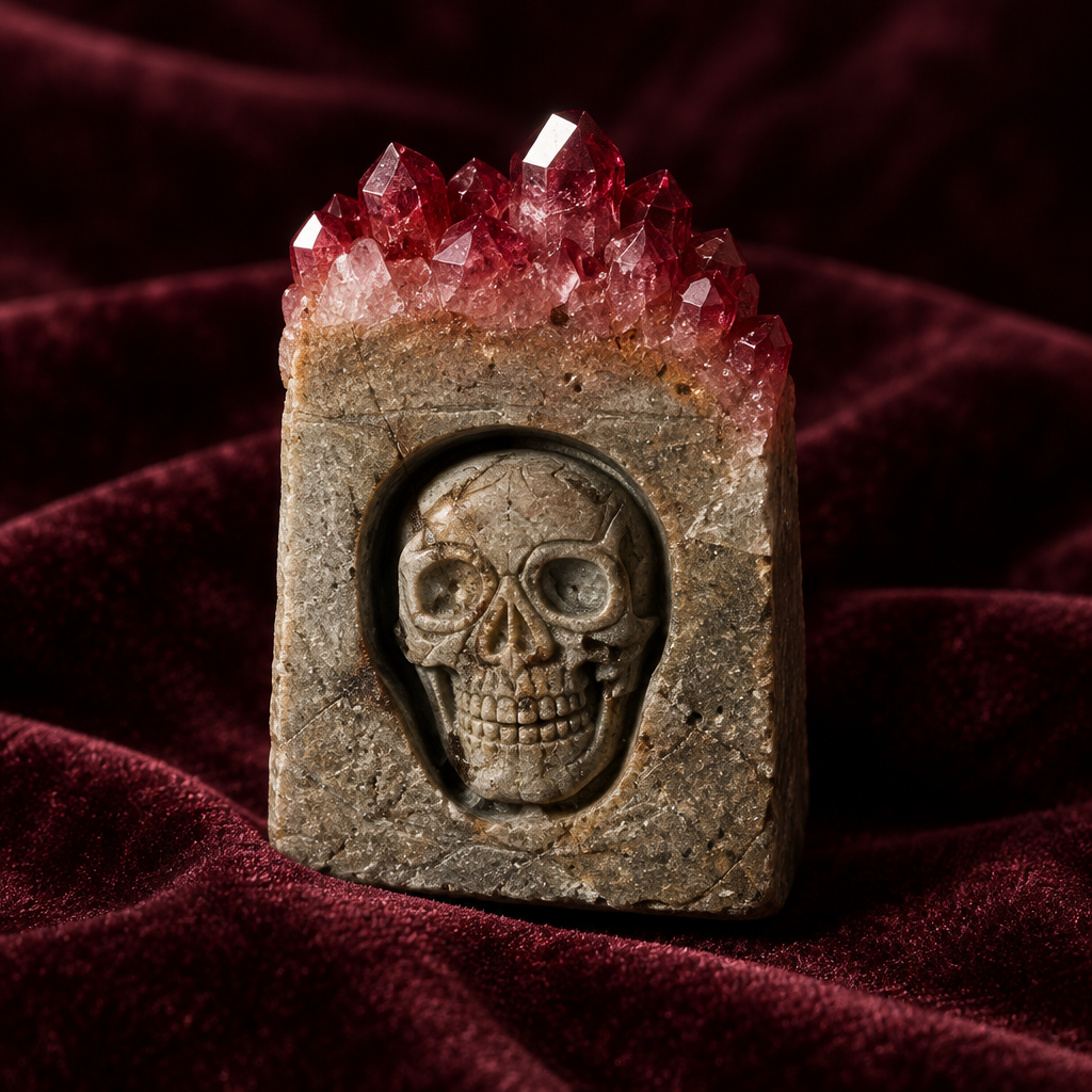Wine Red Quartz Cluster Skull Carving Velvet Detail Shot