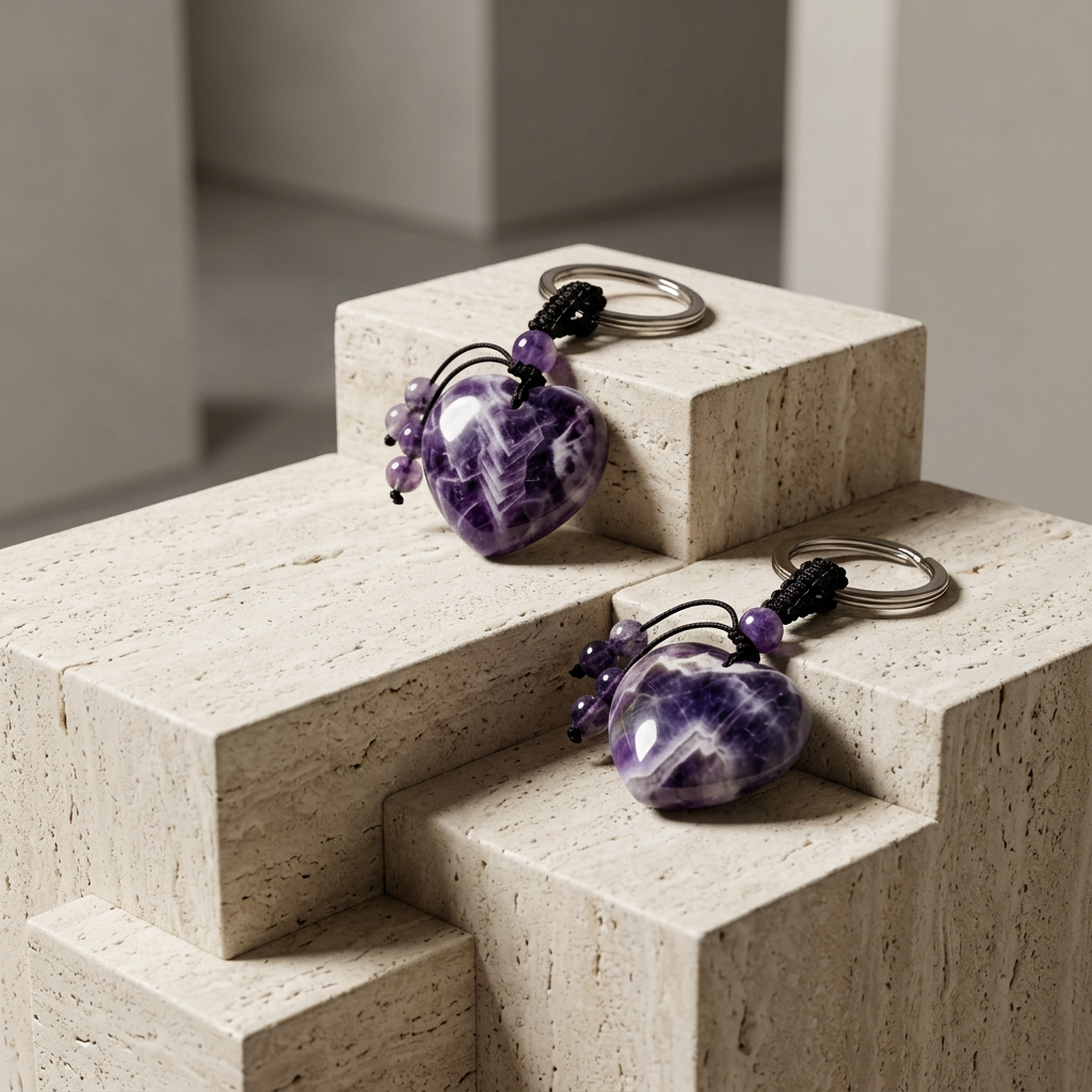 Two Dream Amethyst Heart Keychains on travertine stone pedestal