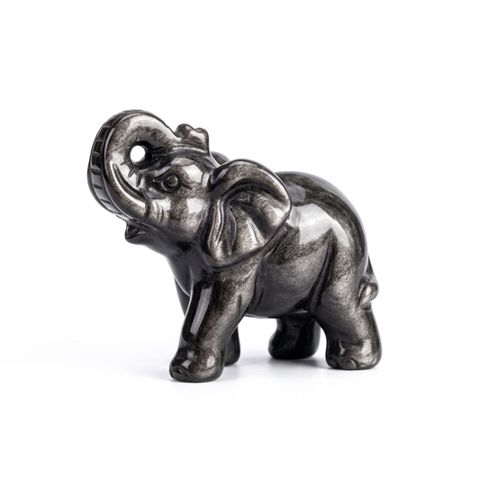 Silver Obsidian Precision Carved Elephant Figurine for Protection