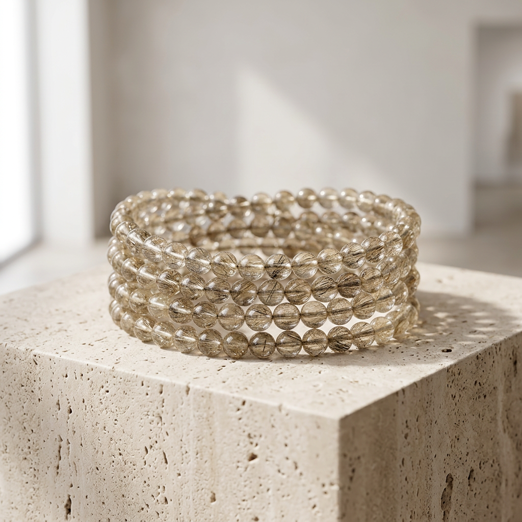 Natural Silver Rutilated Quartz Multi-Wrap Bracelet 6mm Travertine Pedestal Display