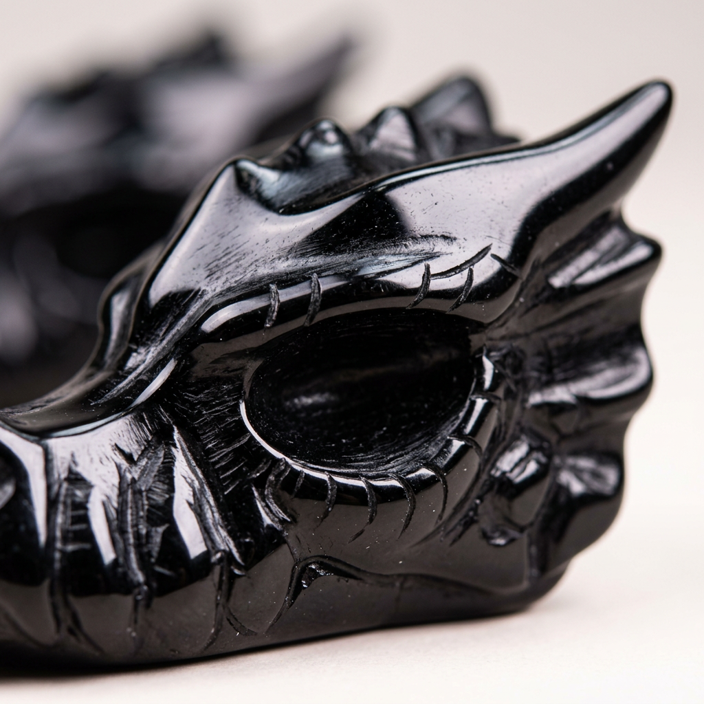 Macro close-up detail of carved black obsidian dragon scales and horns
