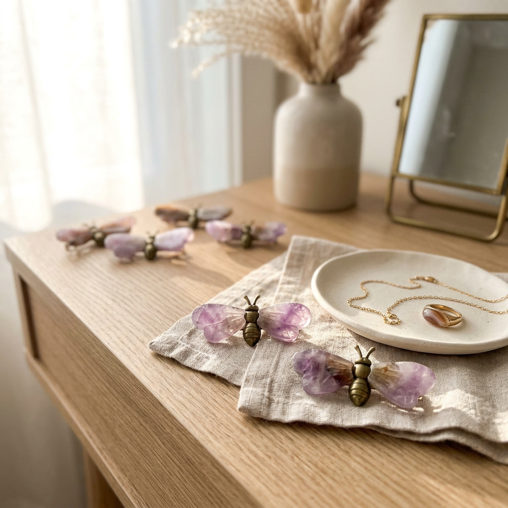 Natural Amethyst and Agate Bee Carving for Abundance and Joy
