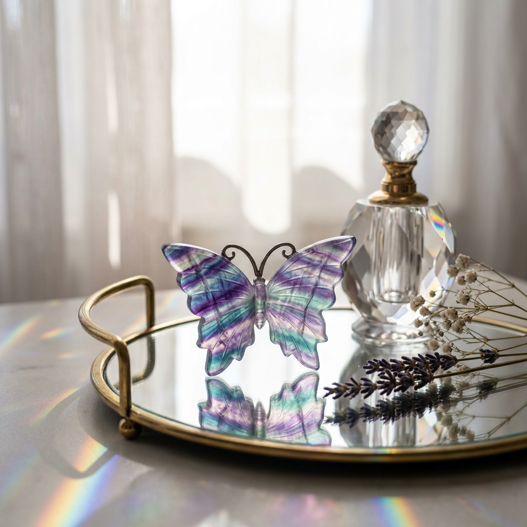 Natural Rainbow Fluorite Butterfly Figurine in elegant vanity tray setting