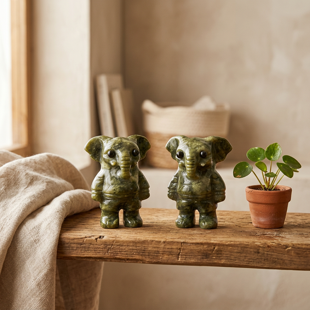 Natural Xiuyan Jade Standing Elephant Figurine - Lifestyle Tabletop