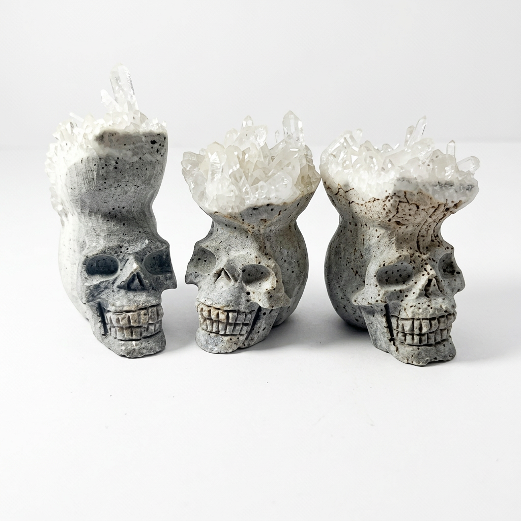 Natural Quartz Crystal Cluster Hand-Carved Skull for Altar and Decor