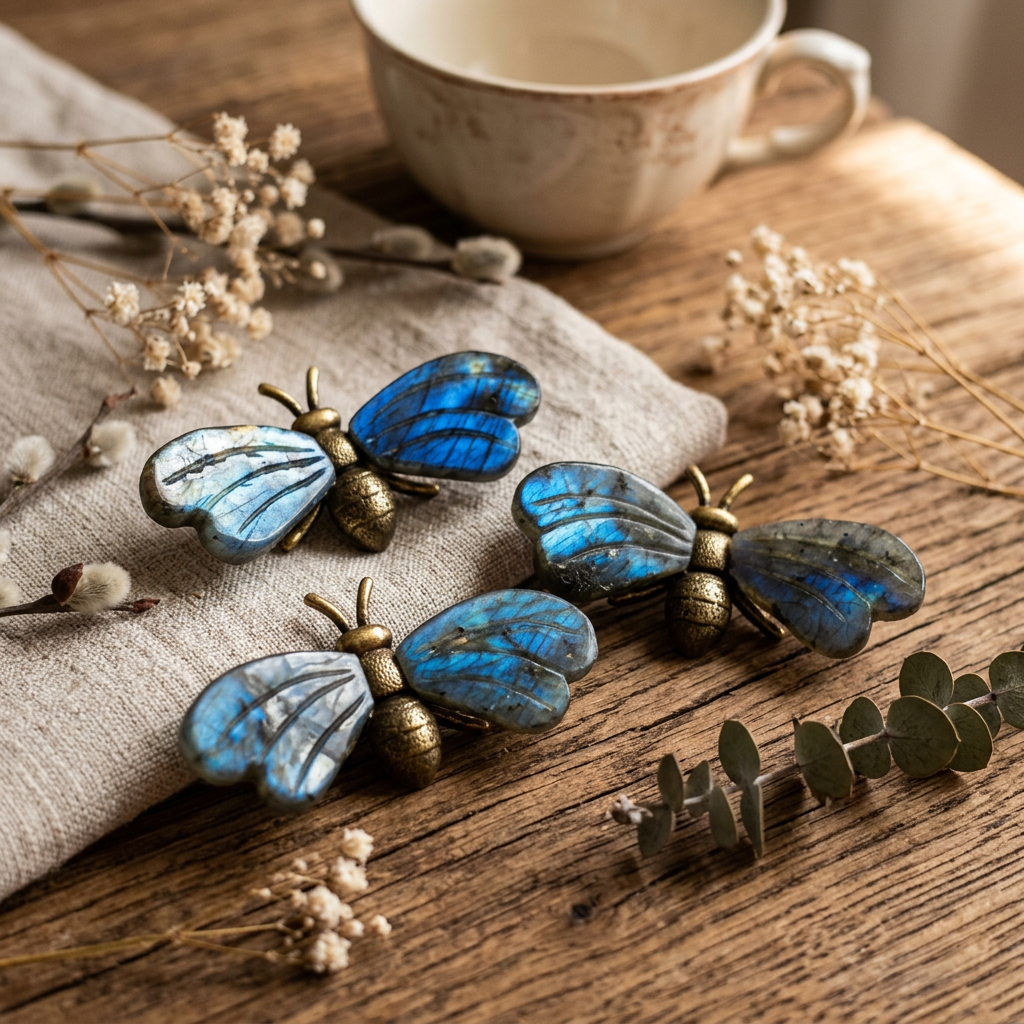 Natural Labradorite Bee Carving - Lifestyle Tabletop Scene