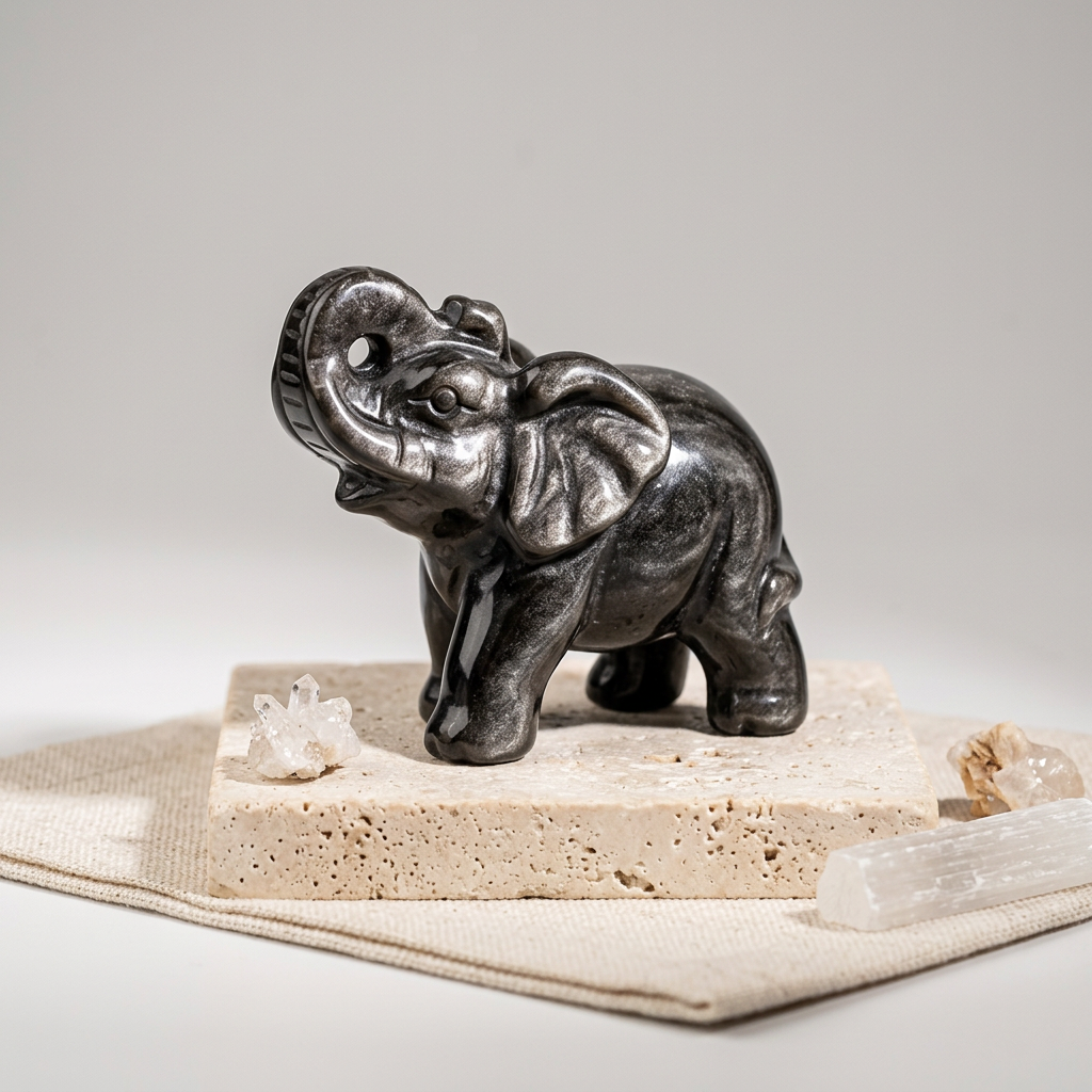 Silver Obsidian Precision Carved Elephant Figurine for Protection