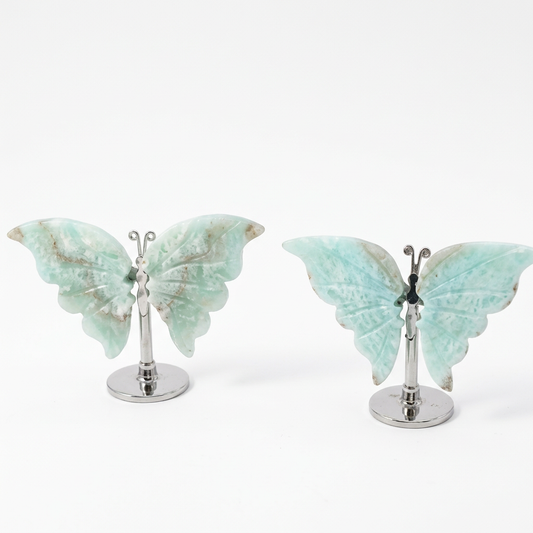 Two Natural Hemimorphite Butterfly Ornaments on Stands pure white background