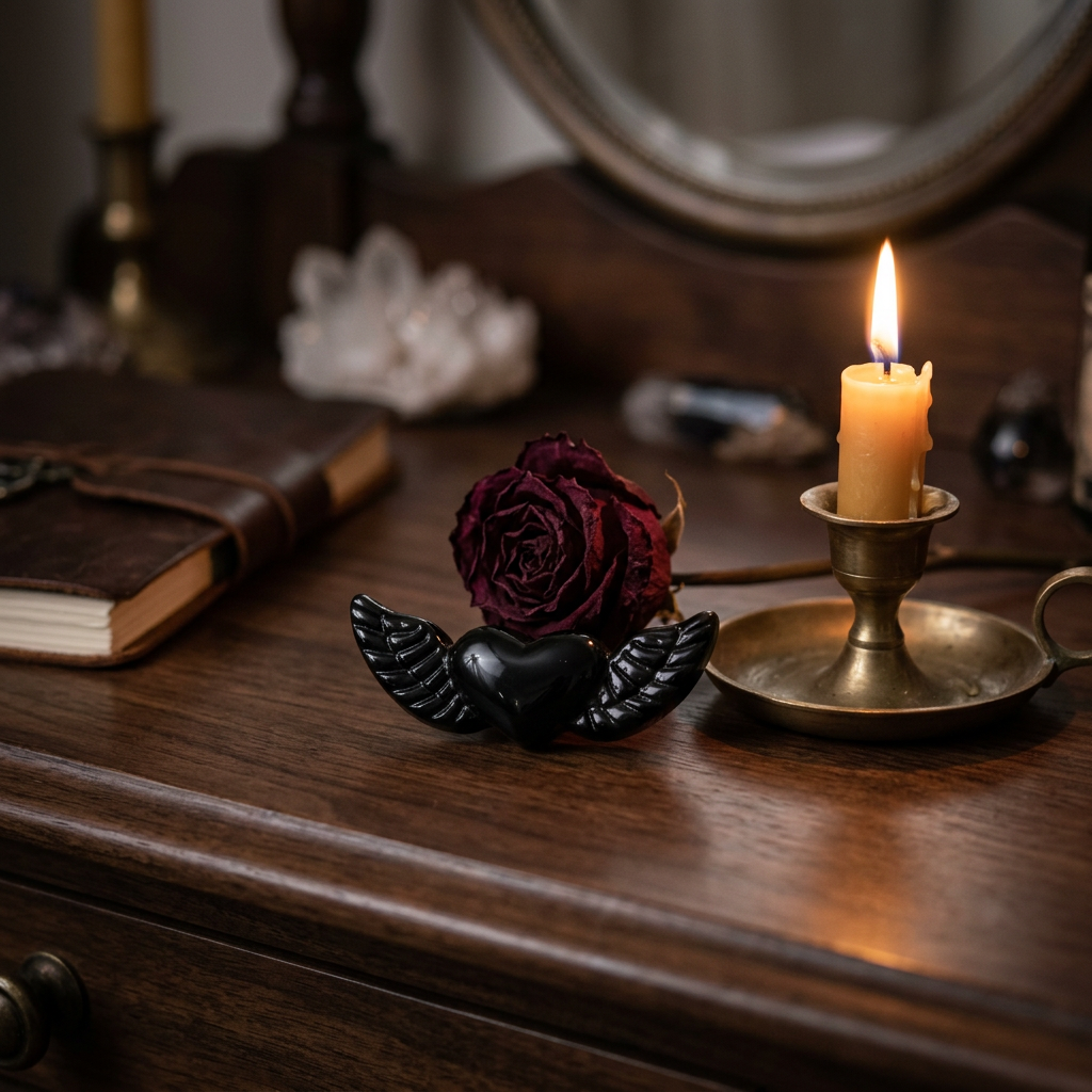 Black Obsidian Winged Heart Carving