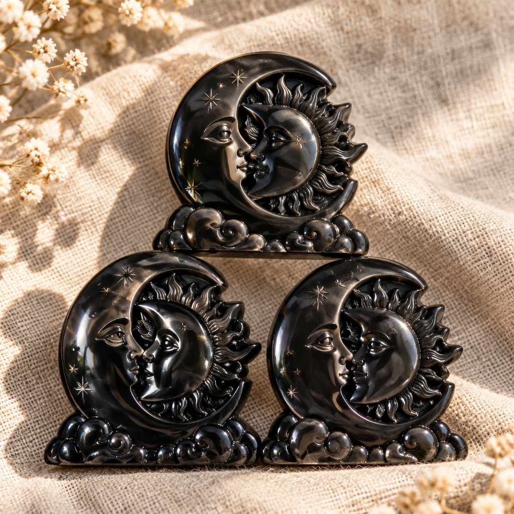 Natural Black Obsidian Sun and Moon Celestial Carved Plaque Detail