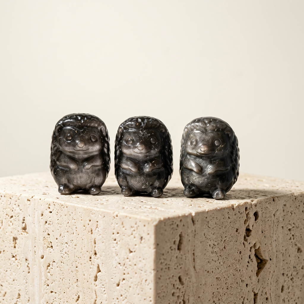 Three Silver Sheen Obsidian Hedgehog Carvings displayed on travertine stone pedestal