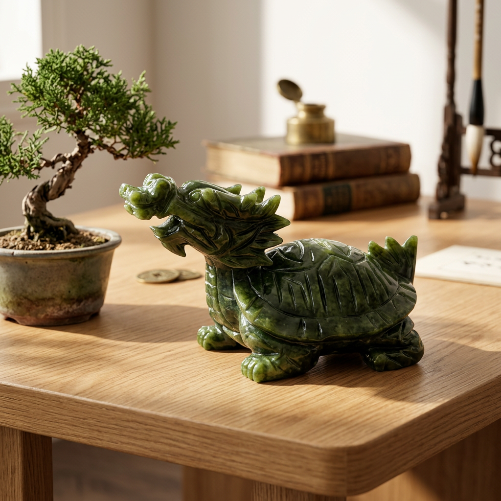 Natural Xiuyan Jade Dragon Turtle Carving for Feng Shui and Wealth