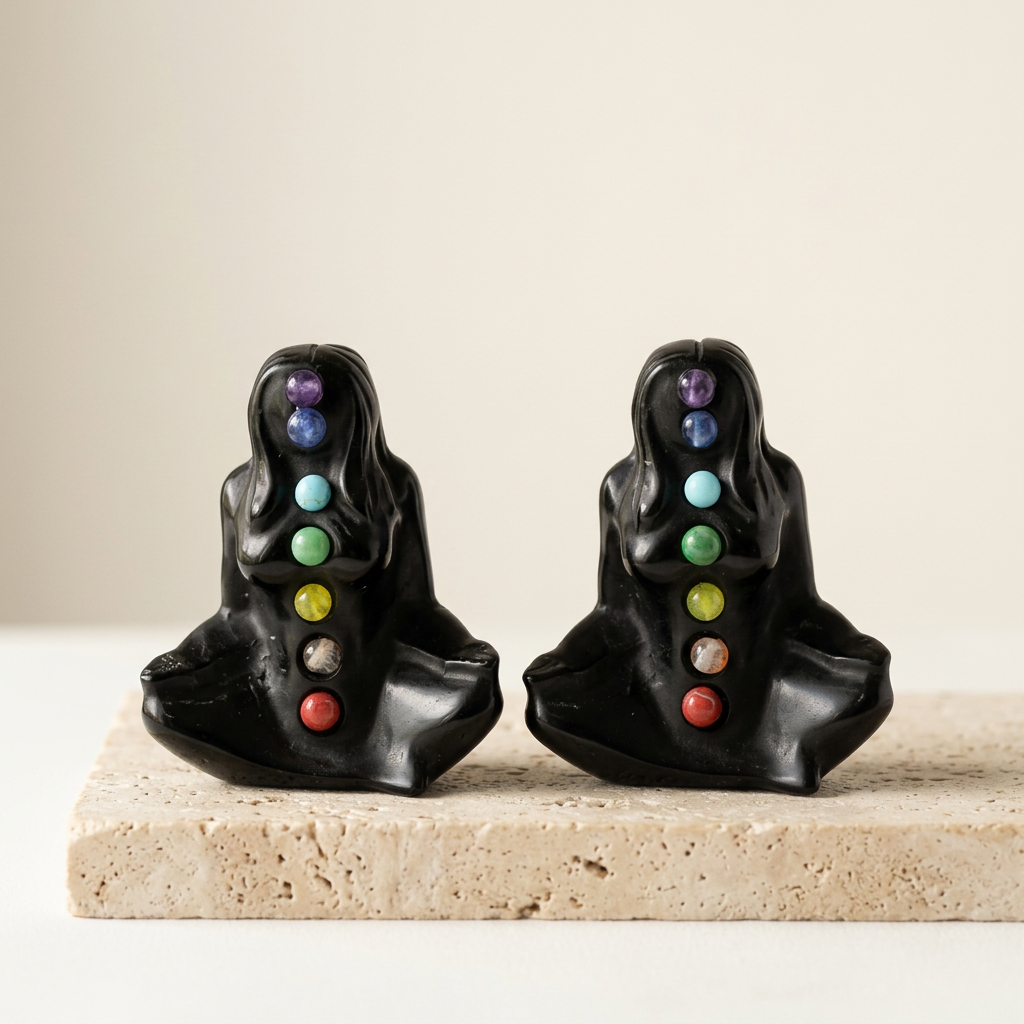Black Obsidian Mother Earth Gaia Carving with Seven Chakra Stones