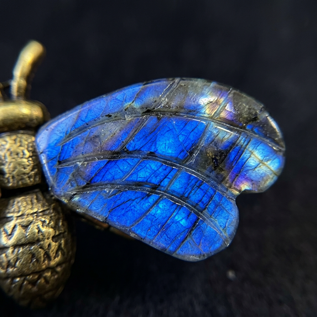 Natural Labradorite Bee Carving - Macro Mineral Detail