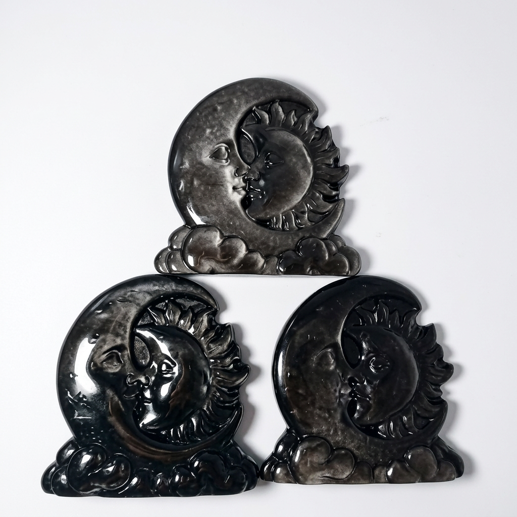 Black Obsidian Sun and Moon Celestial Carved Plaque for Altar Display