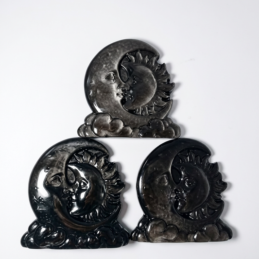 Black Obsidian Sun and Moon Celestial Carved Plaque for Altar Display