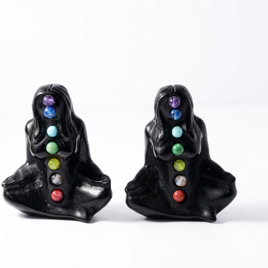 Black Obsidian Mother Earth Gaia Carving with Seven Chakra Stones