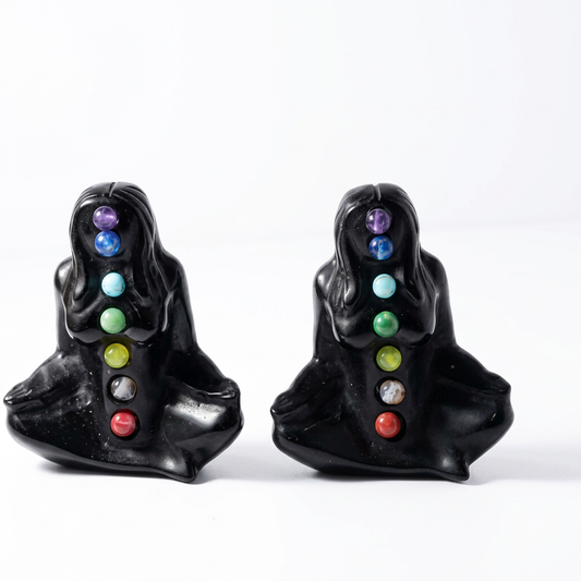 Black Obsidian Mother Earth Gaia Carving with Seven Chakra Stones