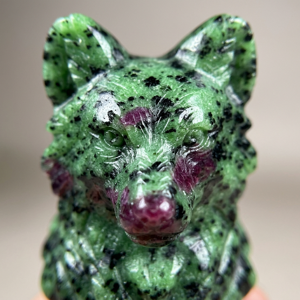 Macro close-up detail of carved wolf head face and green ruby zoisite mineral texture