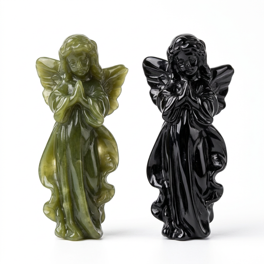 Machine-Carved Xiuyan Jade and Obsidian Angel Figurine