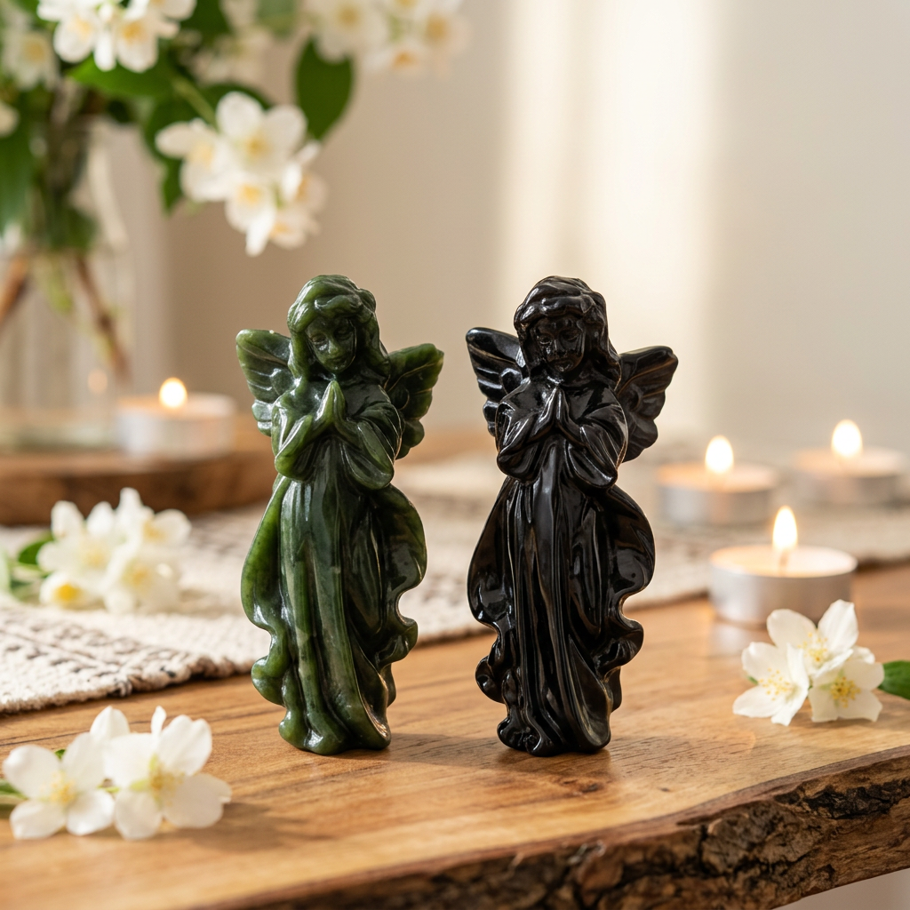 Machine-Carved Xiuyan Jade and Obsidian Angel Figurine